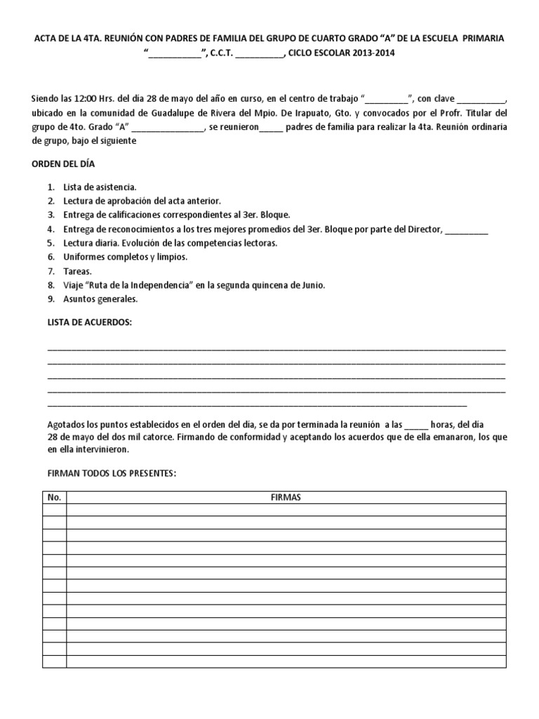 Acta de Reunion Con Padres de Familia | PDF