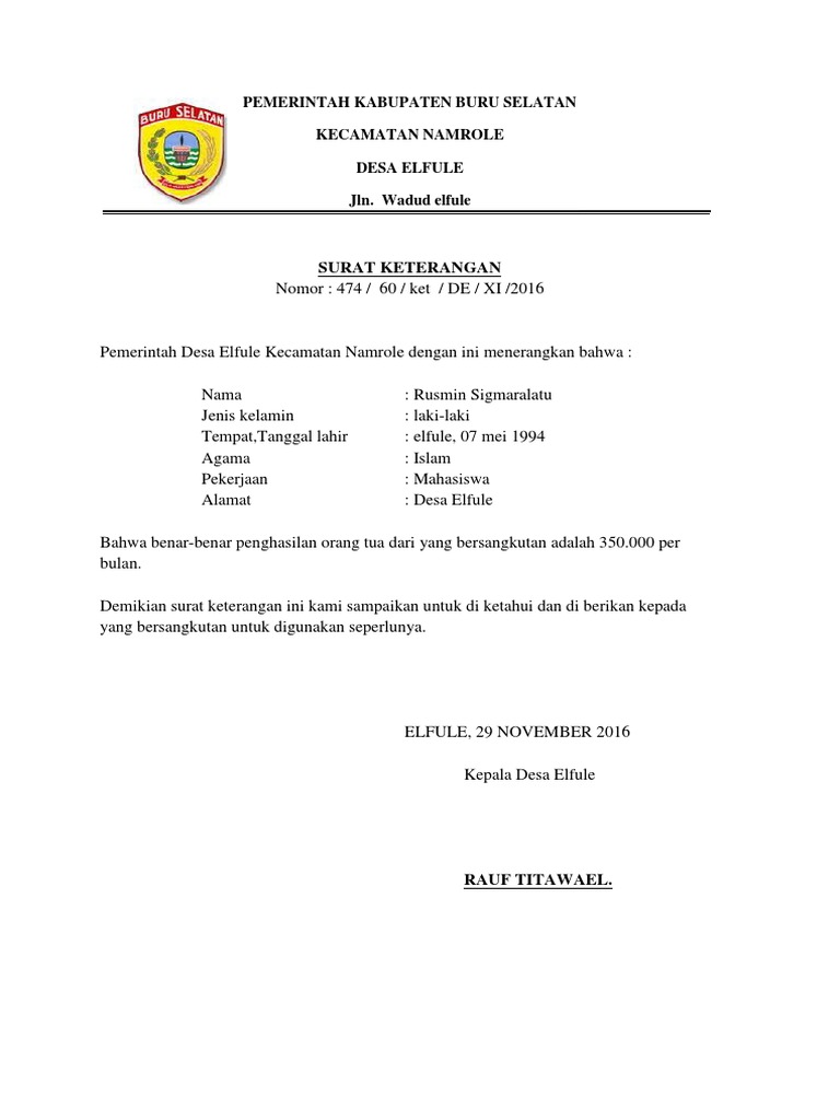 Contoh Surat Keterangan Tidak Mampu