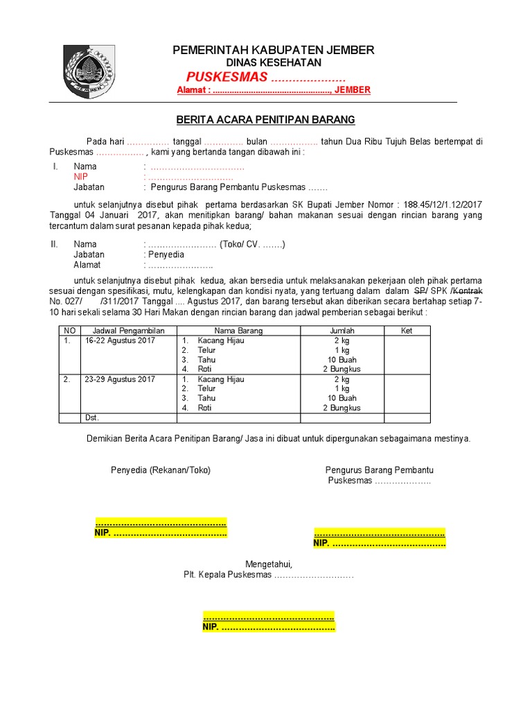 Berita Acara Penitipan Barang