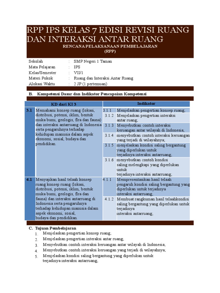 Rpp Ips Kelas 7 Edisi Revisi Ruang Dan Interaksi Antar Ruang Doc