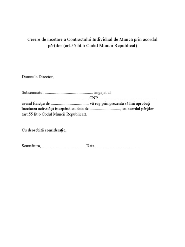Cerere De I Ncetare A Contractului Individual De Munc Prin Acordul P Rcilor