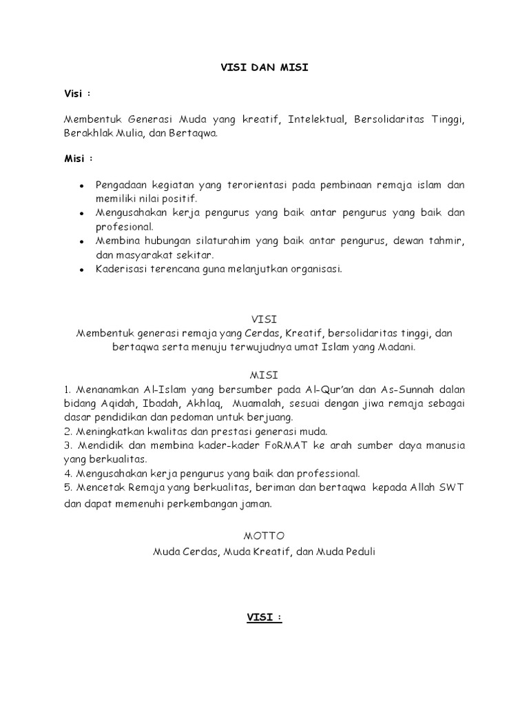 Visi Dan Misi Remaja Masjid