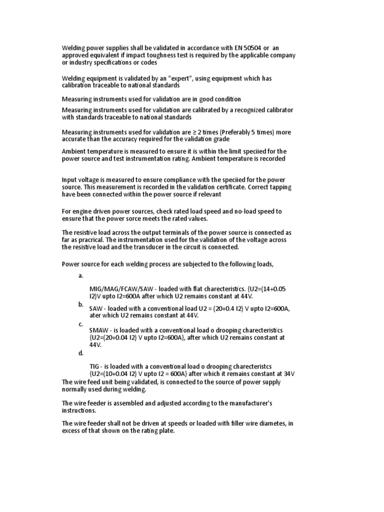 Welding Machine Validation Check List Calibration Power Supply