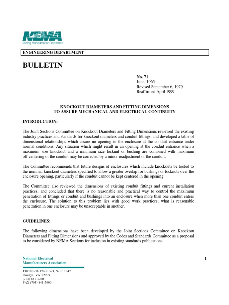 Bulletin71 Knockout Dimensions PDF Pipe (Fluid Conveyance