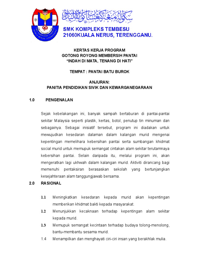 Kertas Kerja Gotong Royong Membersih Pantai Panitia Pendidikan Sivik