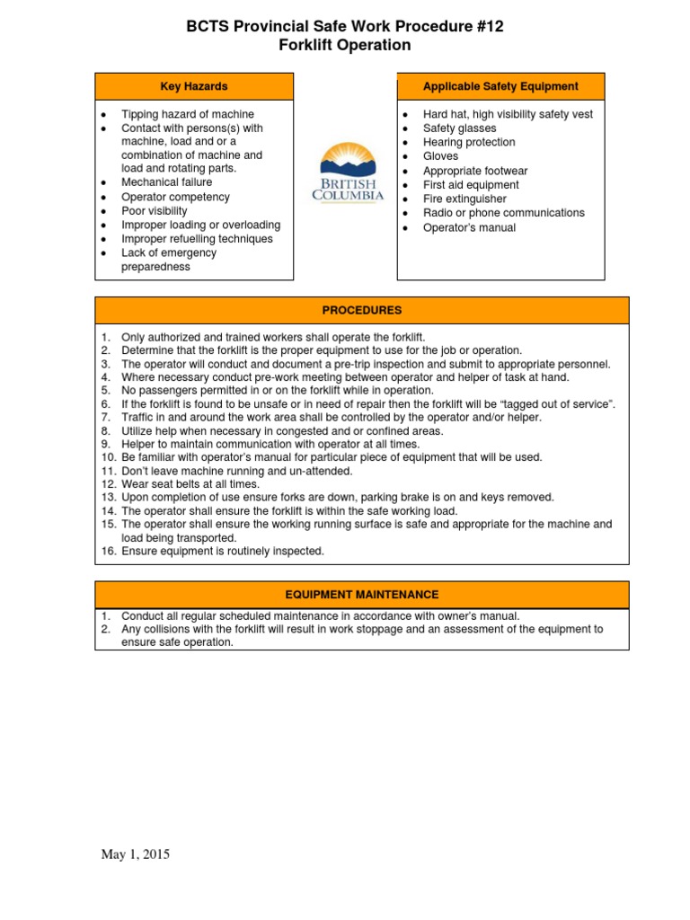 Forklift Operation Safety Procedures | PDF | Forklift | Personal ...