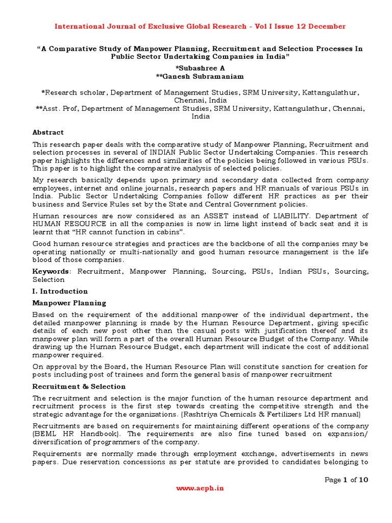 A Comparative Study of Manpower Planning Recruitment and Selection ...