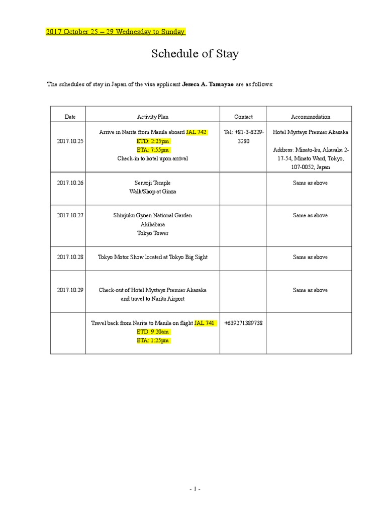 Japan Visa Schedule of Stay Example | PDF