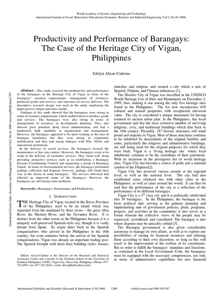 Productivity and Performance of Barangays The Case of The Heritage City