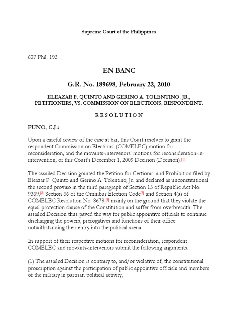 Quinto vs comelec pdf equal protection clause precedent