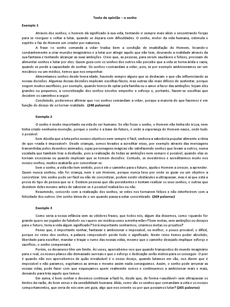 Texto de opinião – o sonho Exemplo 1