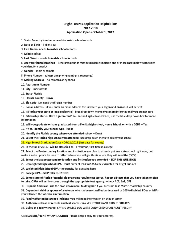 Bright futures application helpful hints updated 20172018 further