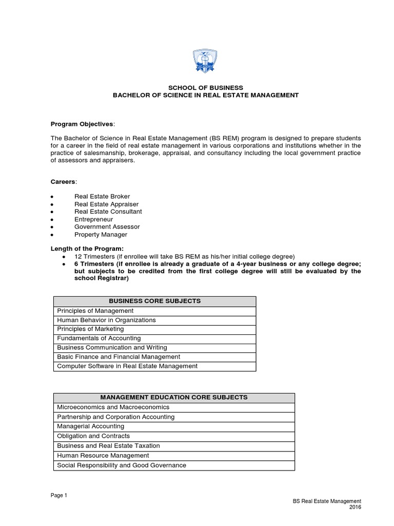 BS Real Estate Management 2016 PDF Property Management Bachelor