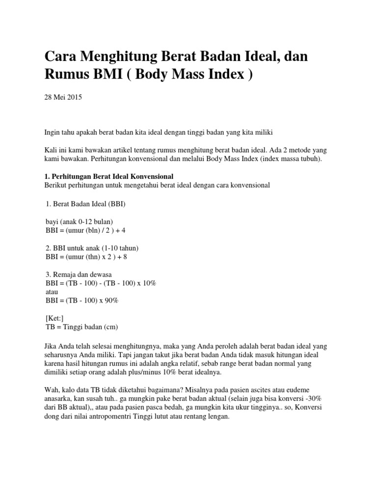Cara Menghitung Berat Badan Ideal dan Rumus BMI (Body Mass Index | PDF