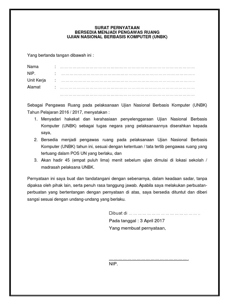 Surat Pernyataan Bersedia Menjadi Pengawas Ruang 1