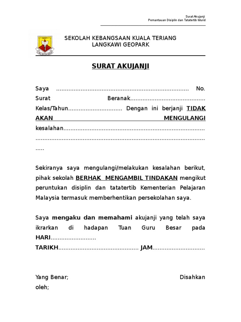 Contoh Surat Aku Janji Pelajar Kolej