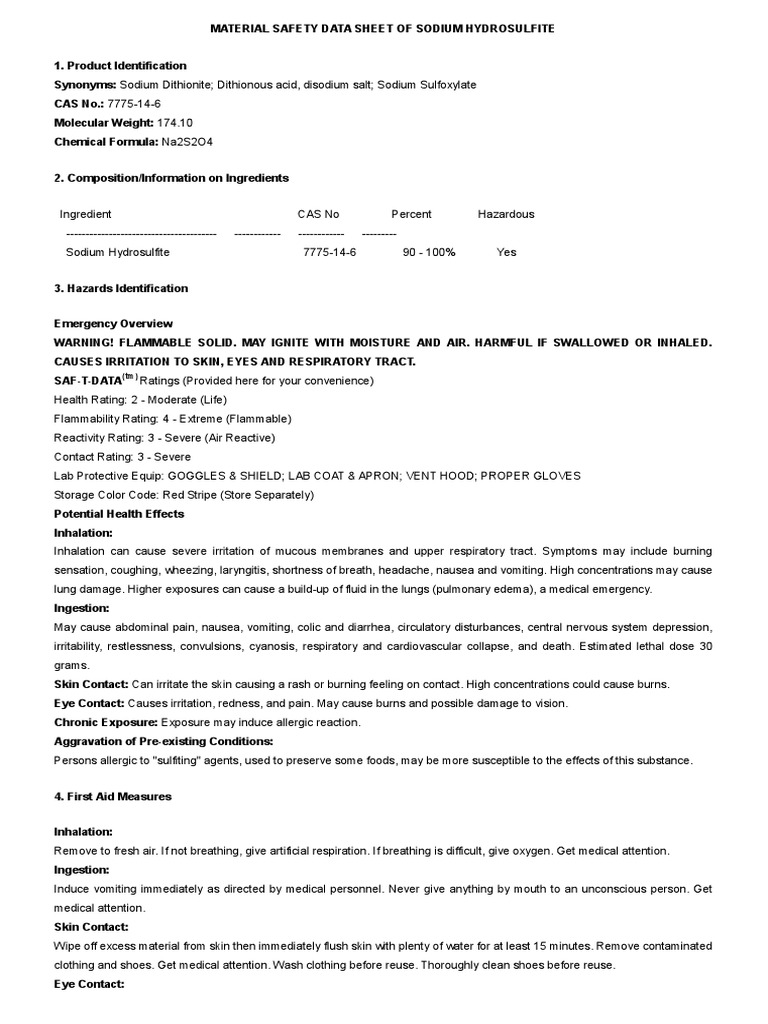 MSDS Sodium Hydrosulfite PDF Breathing Personal Protective Equipment