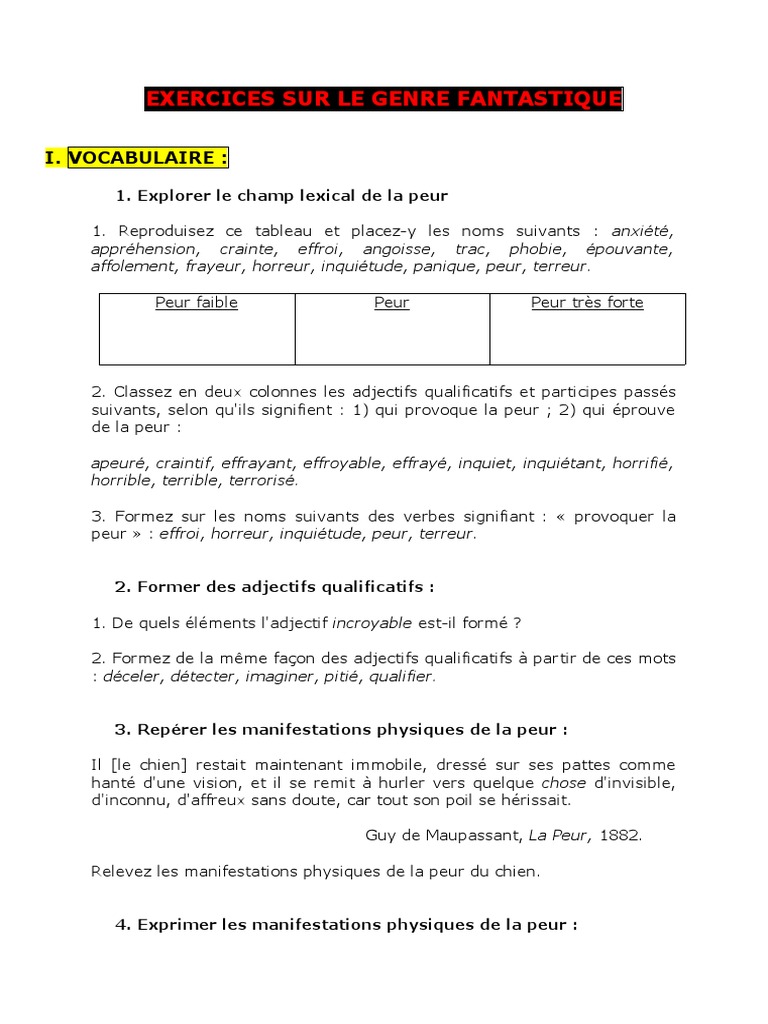 Exercice De Français 4ème A Imprimer 4° Fantastique: Exercices | PDF | Peur | Anxiété