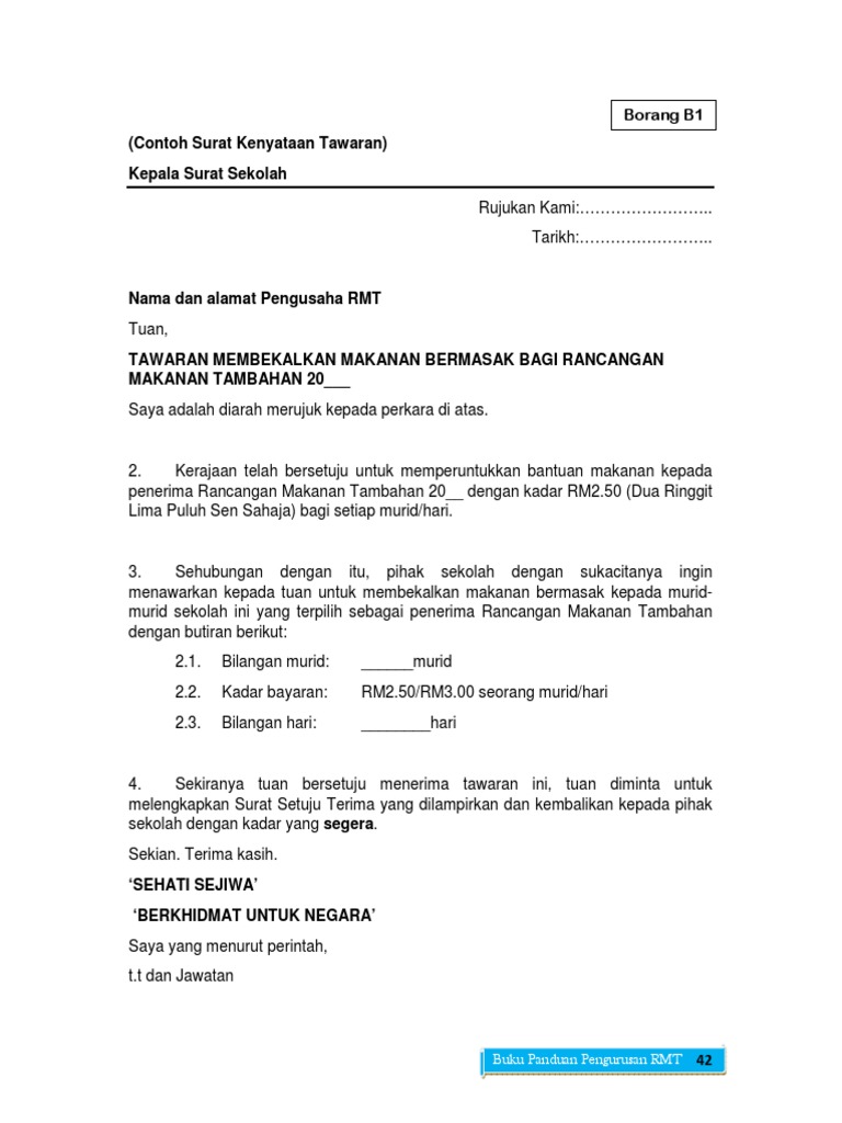 B1 Surat Tawaran Pembekal Rmt Pdf