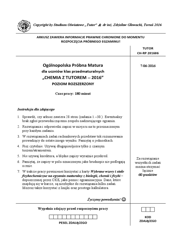 Próbna Matura Chemia 2014 Cke Odpowiedzi