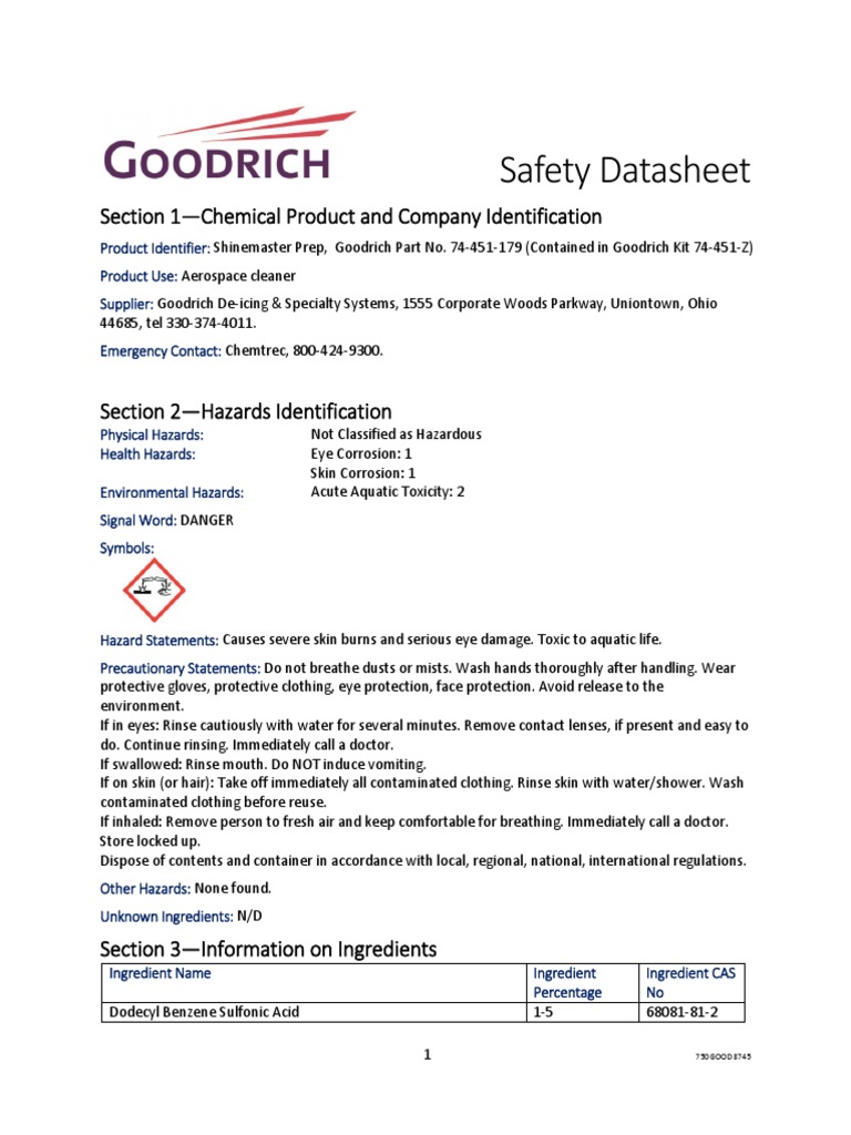 Goodrich Shine Master Prep MSDS | PDF | Waste Management | Personal