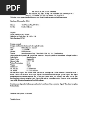 Contoh Surat Penarikan Kendaraan Berupa Motor