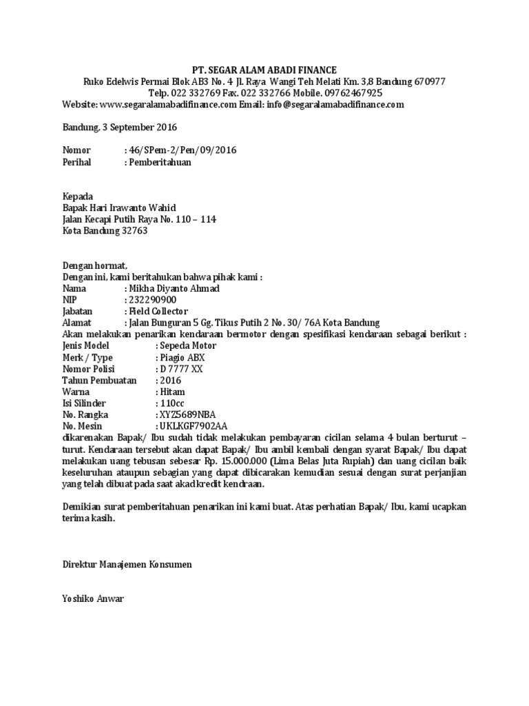 Contoh Surat Penarikan Kendaraan Berupa Motor | PDF