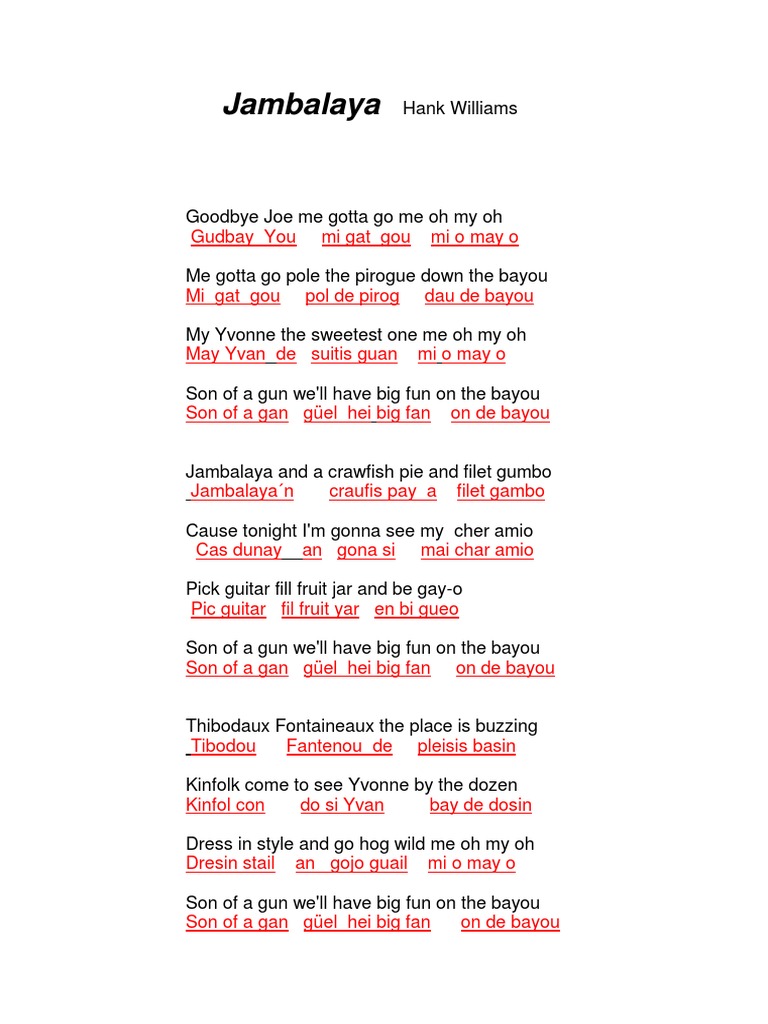 Hank Williams Jambalaya Song Lyrics PDF