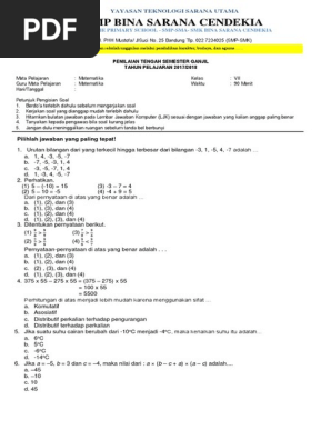 Soal Pts Smp Matematika Kelas Vii Soal