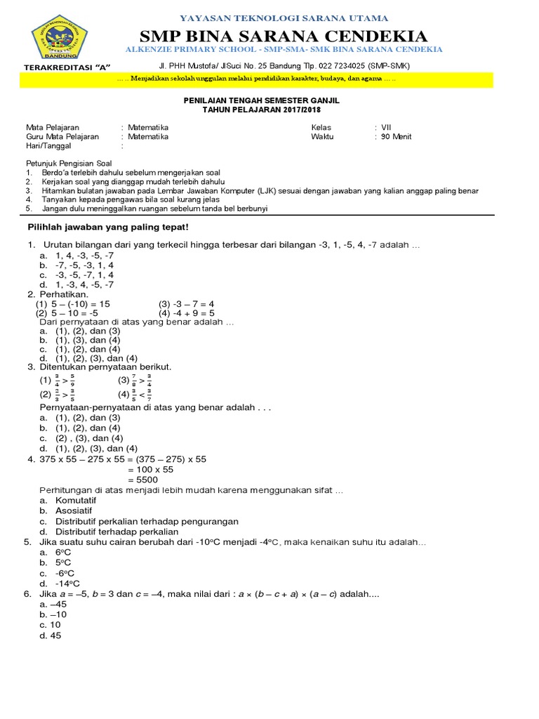 Soal Pts Smp Matematika Kelas Vii Soal