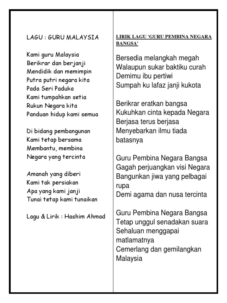 Lagu Guru Malaysia Lirik Lagu Guru Pembina Negara