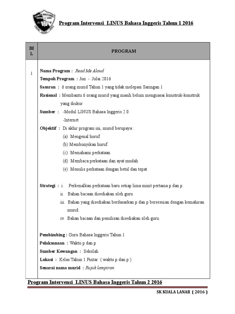 Program Intervensi LINUS Bahasa Inggeris Tahun 1&2 2016  PDF