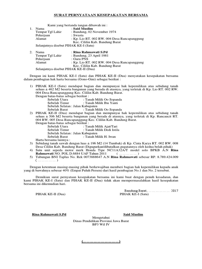 Surat Pernyataan Kesepakatan Bersama Pdf