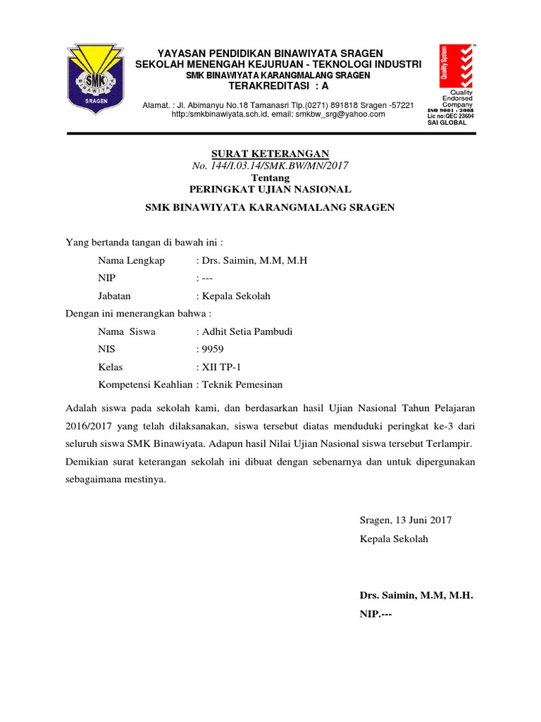 Surat Keterangan Peringkat Un Binawiyata