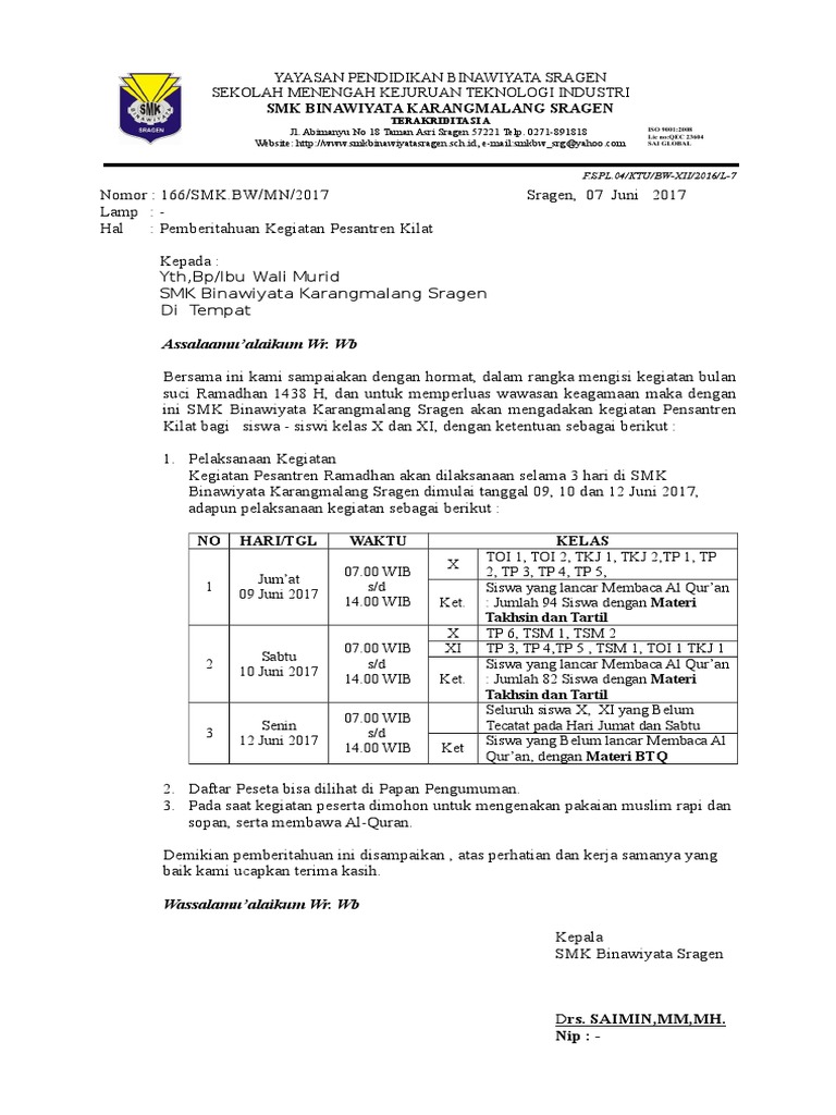Surat Edaran Pesantren Kilat 2017