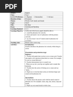 Lesson Plan Subject: Class: Level of Proficiency: Duration of Time: Theme: Topic: Title: Focus: Learning Standard: Learning Objective