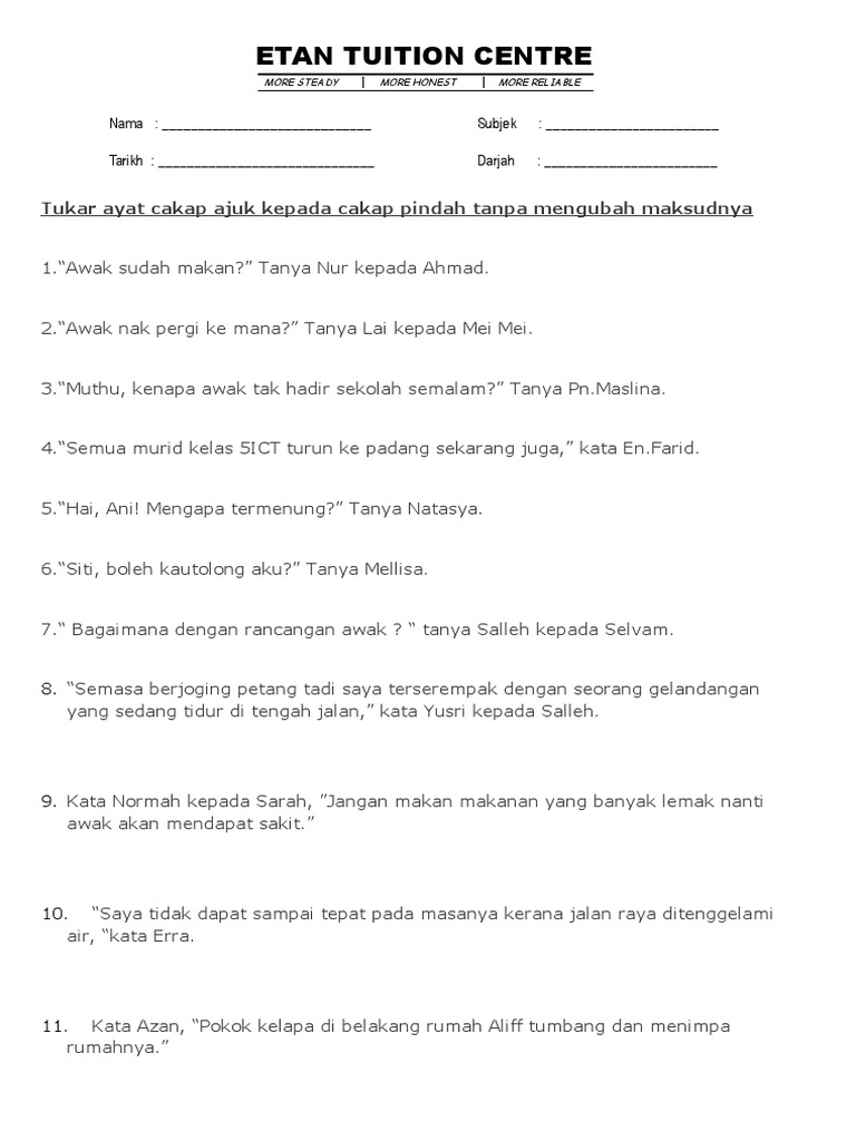 Latihan Cakap Ajuk Cakap Pindah Pdf