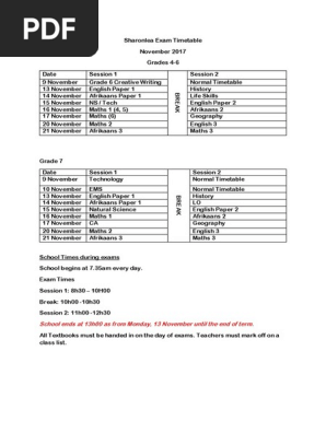 Sharonlea Exam Timetable 2017