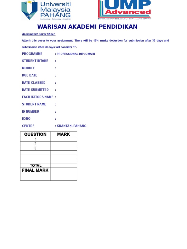 Assignment Cover Sheet - UMP (DIP)