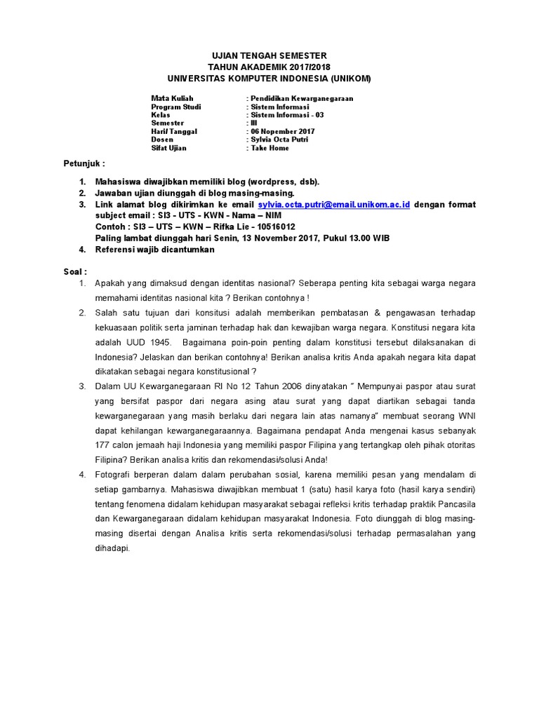 Soal Uts Kewarganegaraan Si 03 Pdf