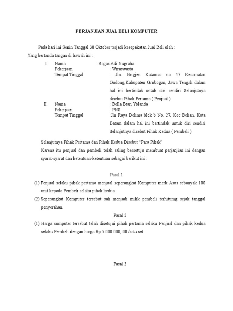 Contoh Perjanjian Jual Beli  PDF