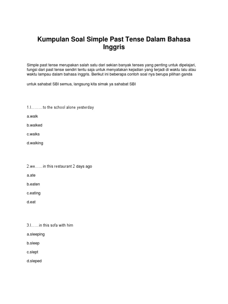 Kumpulan Soal Simple Past Tense Dalam Bahasa Inggris