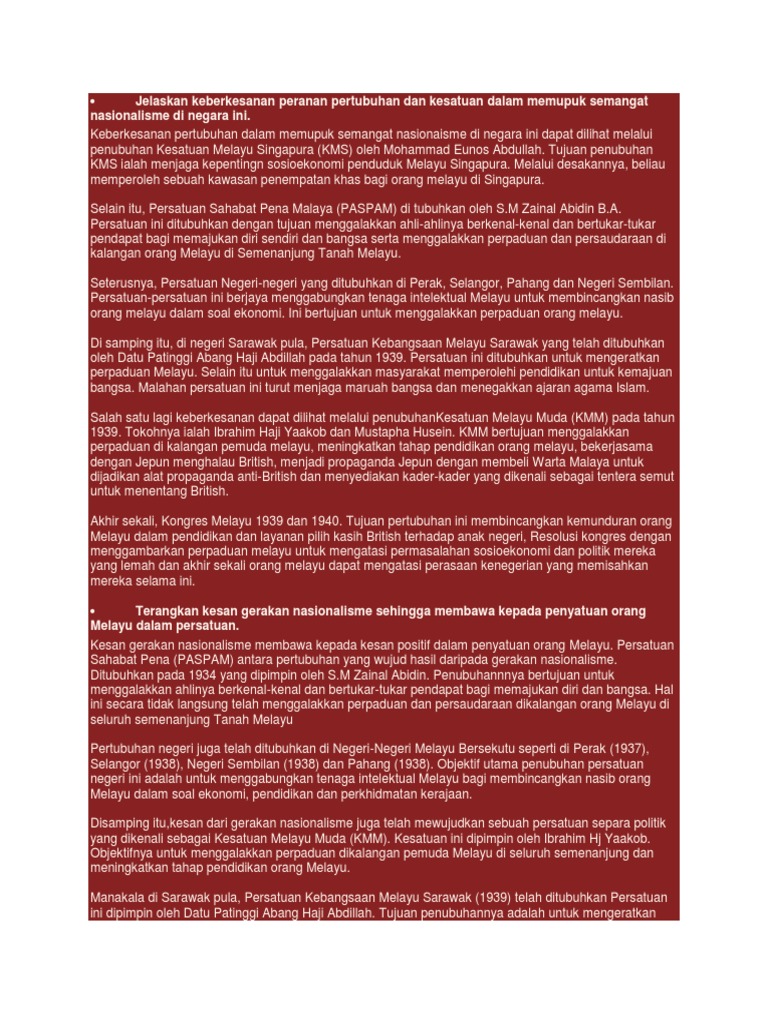 Jelaskan Keberkesanan Peranan Pertubuhan Dan Kesatuan Dalam Memupuk Semangat Nasionalisme Di Negara Ini
