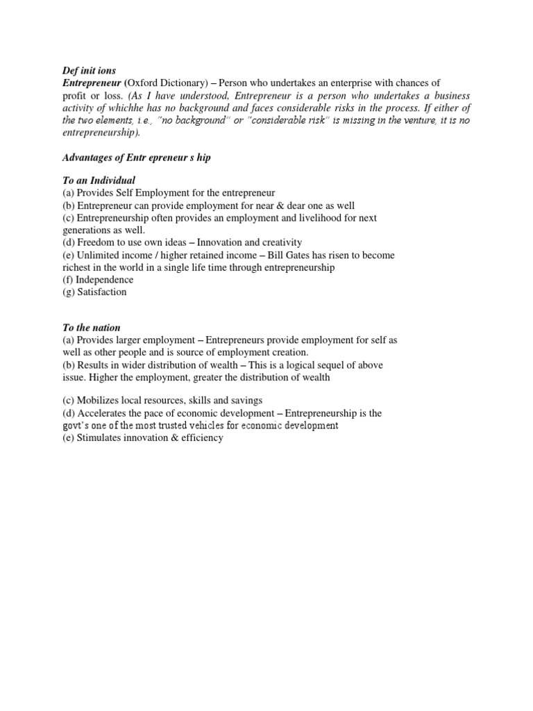Def Init Ions Entrepreneur (Oxford Dictionary) Person Who Undertakes An Enterprise With