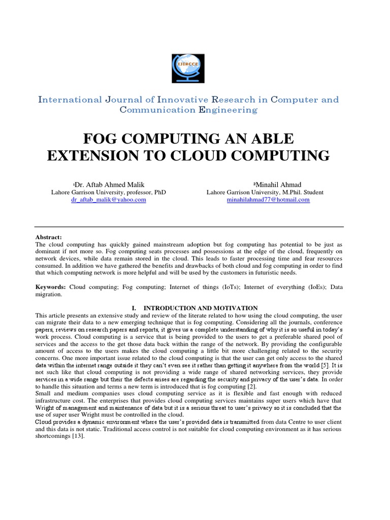 FOG COMPUTING AN ABLE EXTENSION TO CLOUD COMPUTING Research Paper - New ...