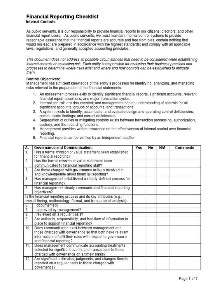 Internal Control Over Financial Reporting: A Checklist