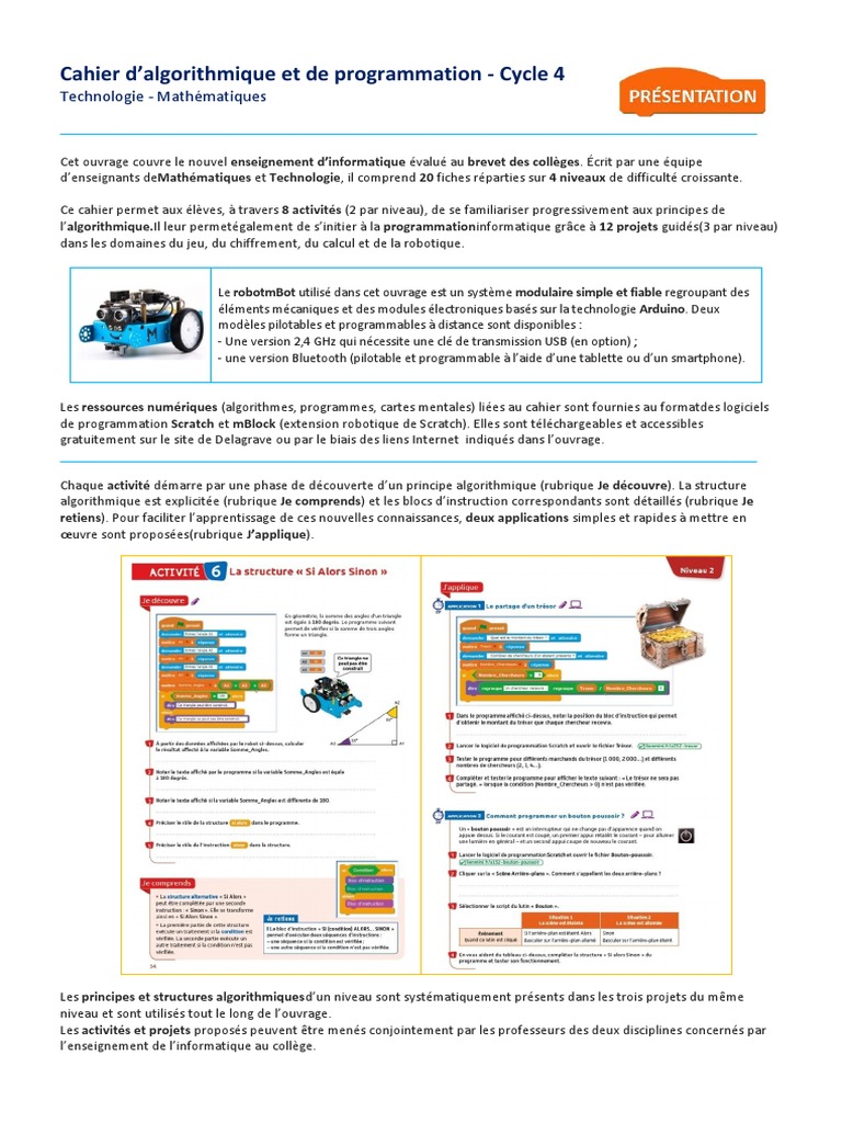 Cahier D Algorithmique Et De Programmation Cycle 4 Corrigé Pdf