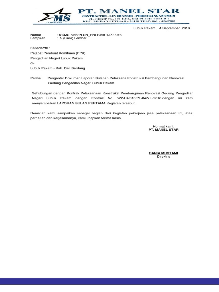 Surat Pengantar Laporan Bulan Ke 1 Pengawasan