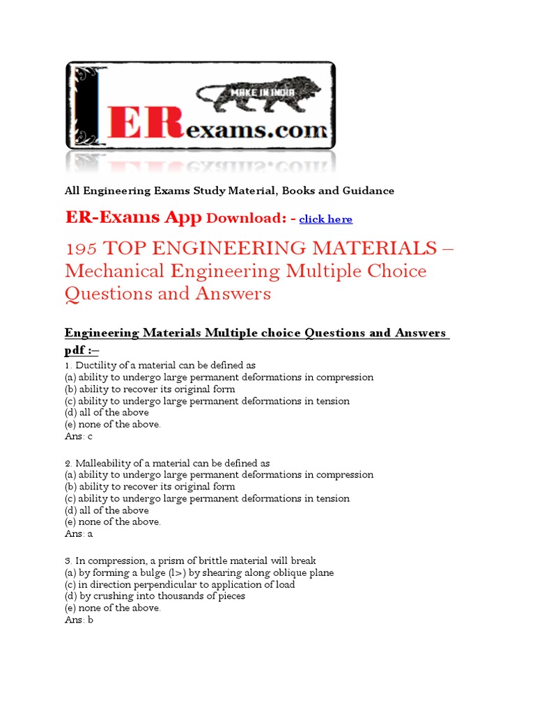 195 Top Engineering Materials Mechanical Engineering Multiple Choice