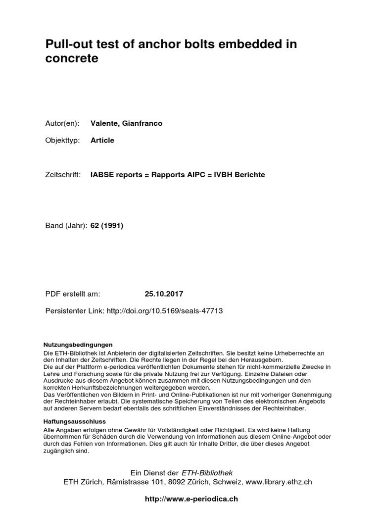 Pullout Test of Anchor Bolts Embedded